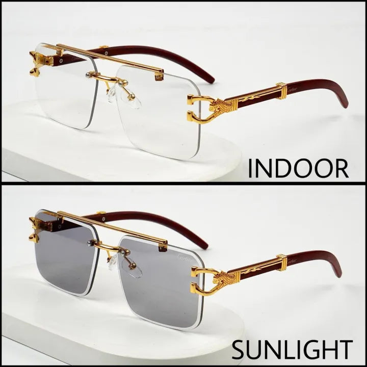 Luxury Cheetah Style Transition Photochromic Sunglasses – Rimless Rectangle Transparent Glasses for Men & Women, UV400 Protection, Color Changing Lens, wooden Frame, Premium Unisex Eyewear for Outdoor & Fashion Look