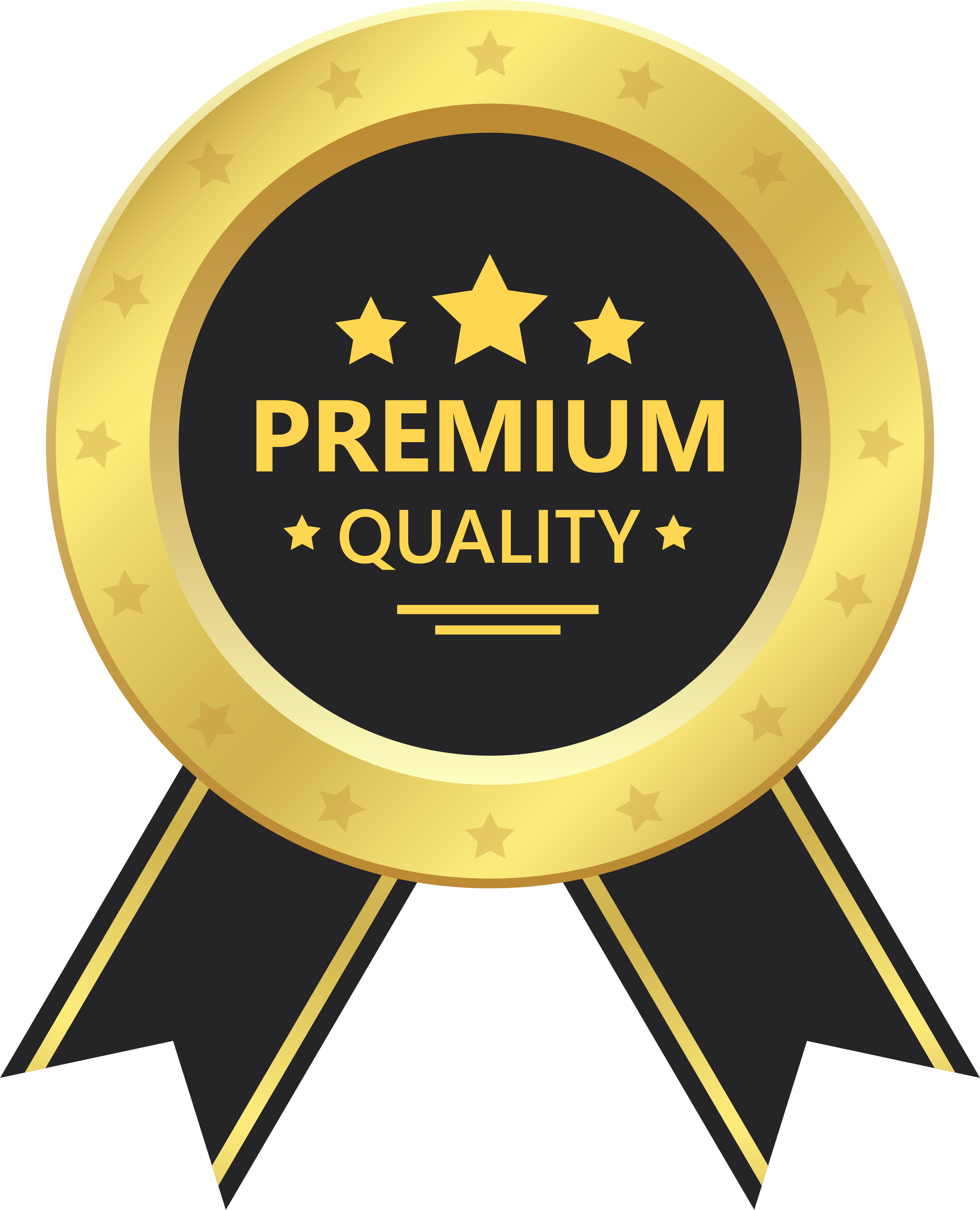 Gold and black 'Premium Quality' badge with stars on a white background